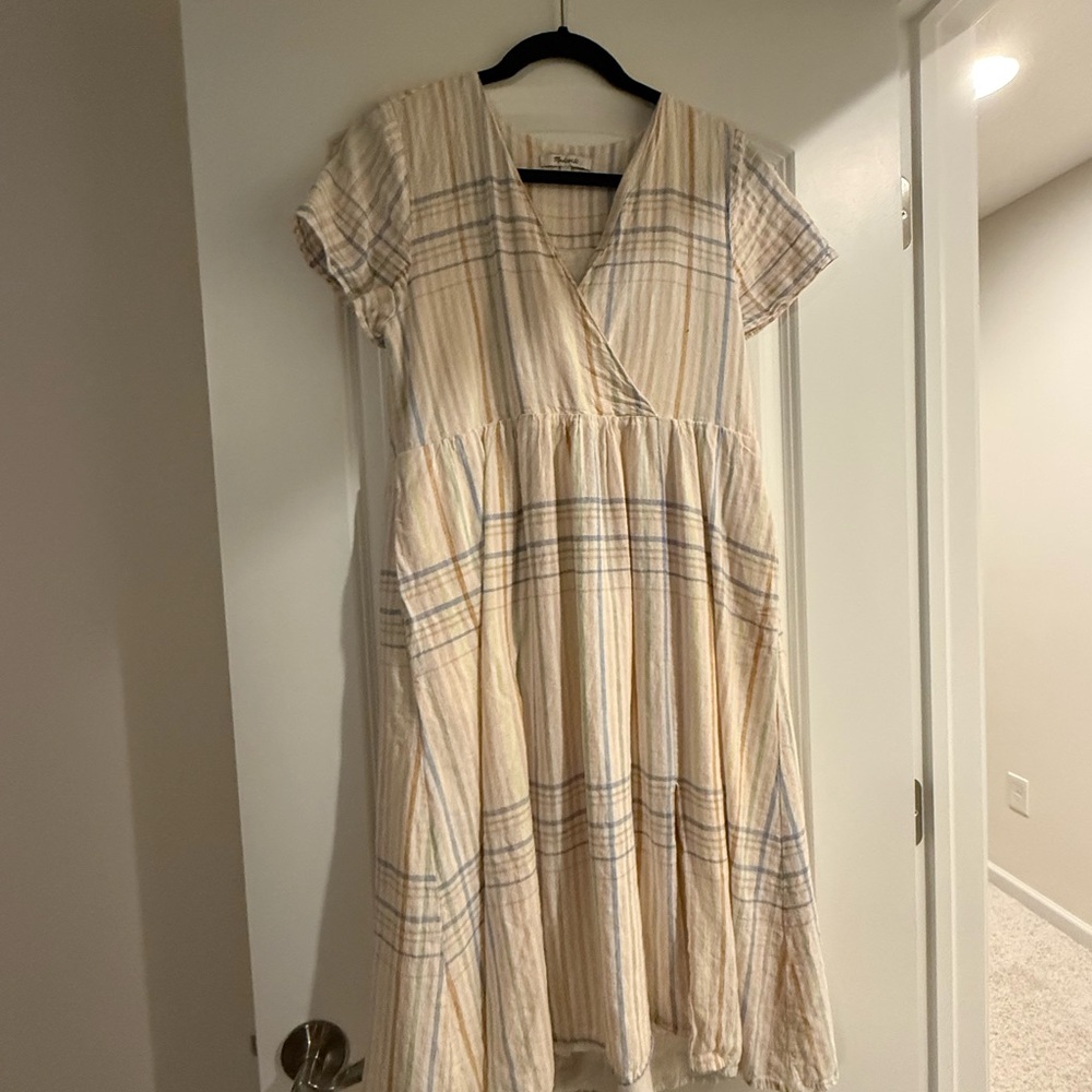Madewell Plaid Cream and Blue Midi Dress